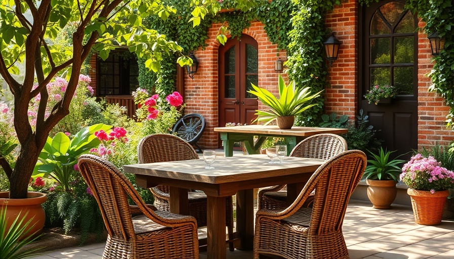 Charming Greek garden with rustic outdoor dining area and lush greenery.