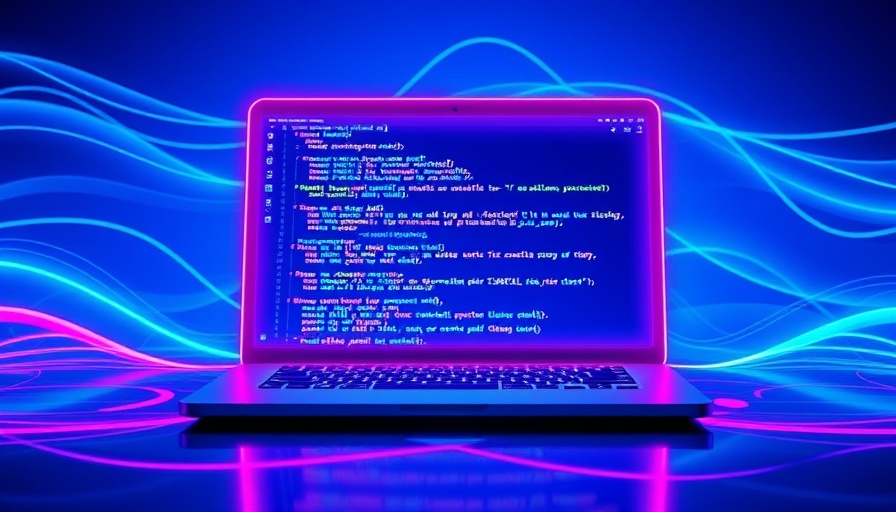 Abstract laptop with neon coding, digital art of coding risks and opportunities.