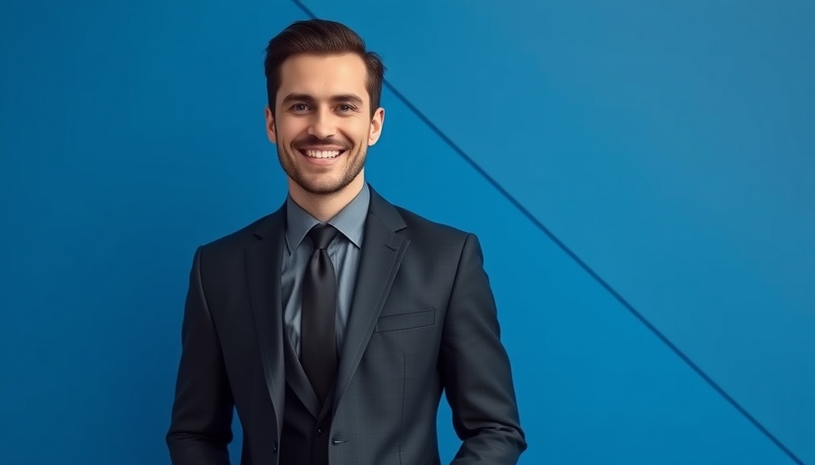 Man in suit smiling against a blue geometric background.