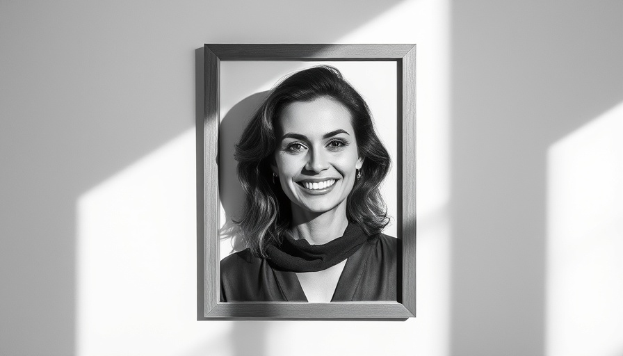 Framed black and white portrait of a smiling woman on a wall.