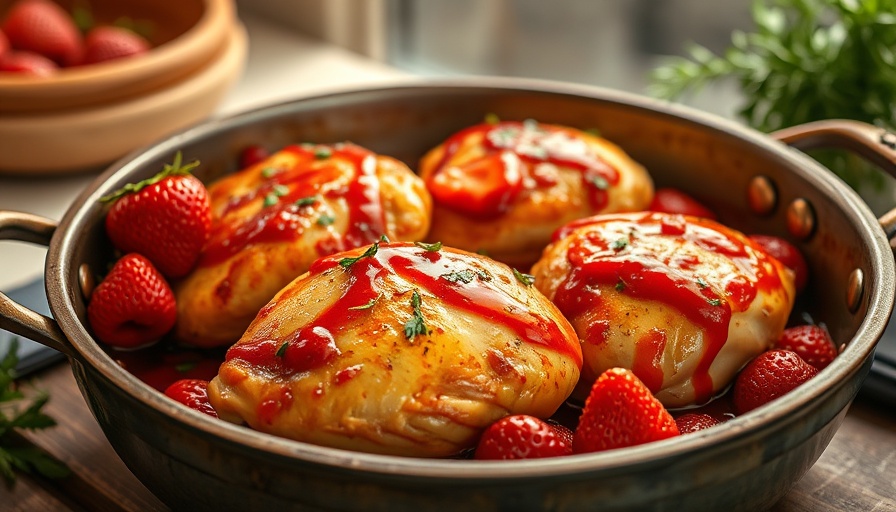 Strawberry glazed chicken in a rustic pan with herbs.