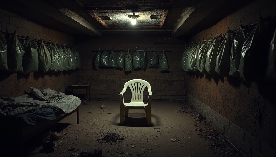 Dimly lit bunker room with plastic chair and hanging bags