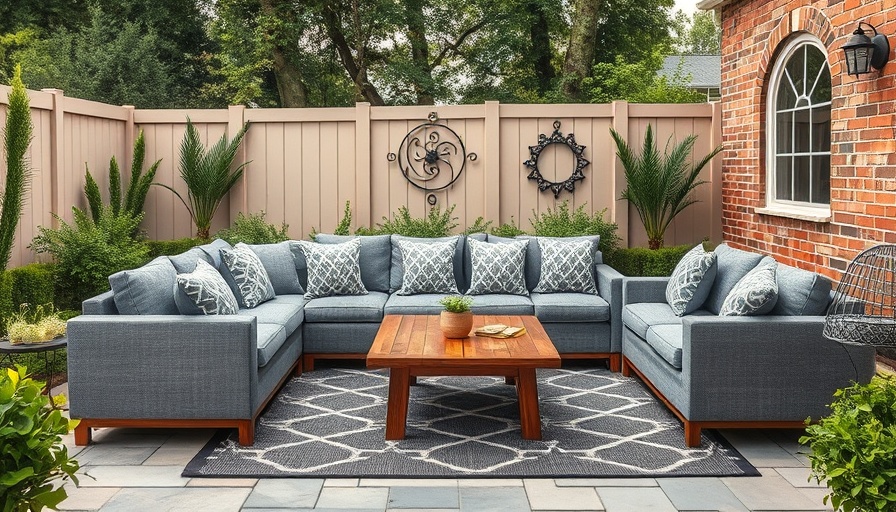 Modern patio with fence panels and gray sofa in soft light.