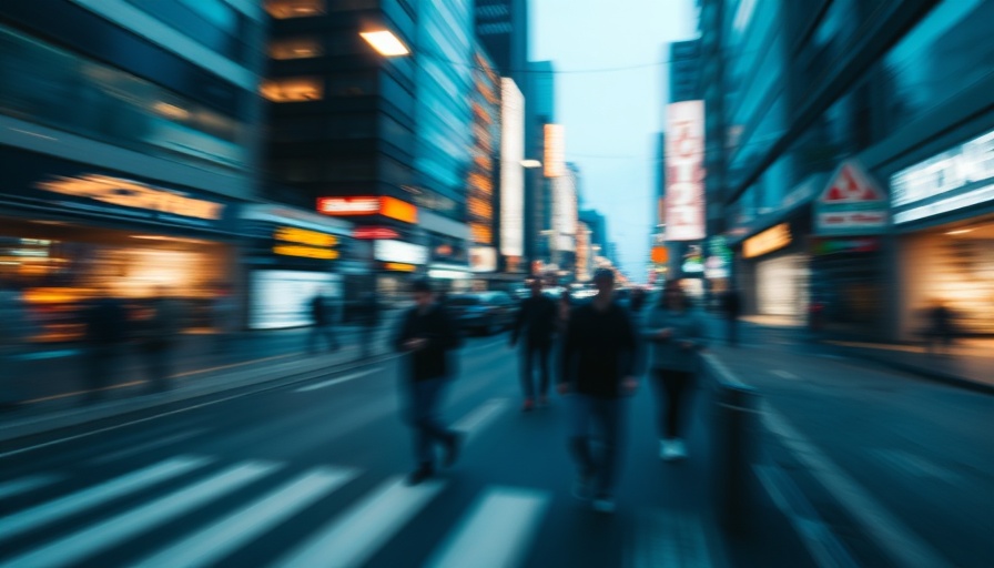 Abstract cityscape with blurred motion and neon lights.