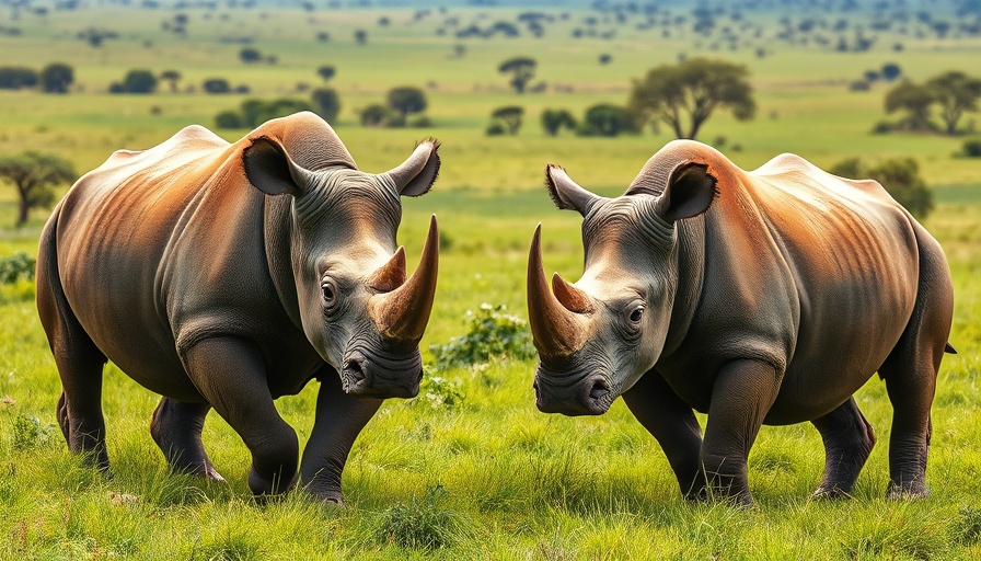 Two rhinos in savanna, one dehorned, highlighting conservation efforts.