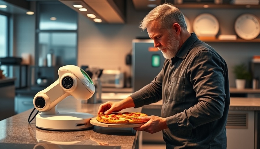 Middle-aged man using XRobotics countertop robot in kitchen.