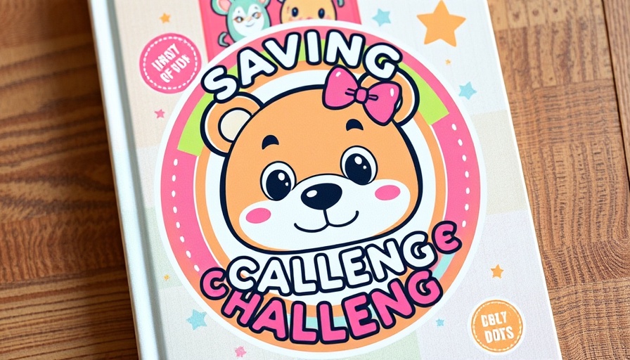 Colorful mini savings challenges book with a cartoon bear.