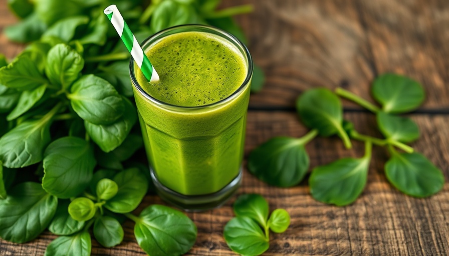 Vibrant green smoothie surrounded by spinach leaves on wood.