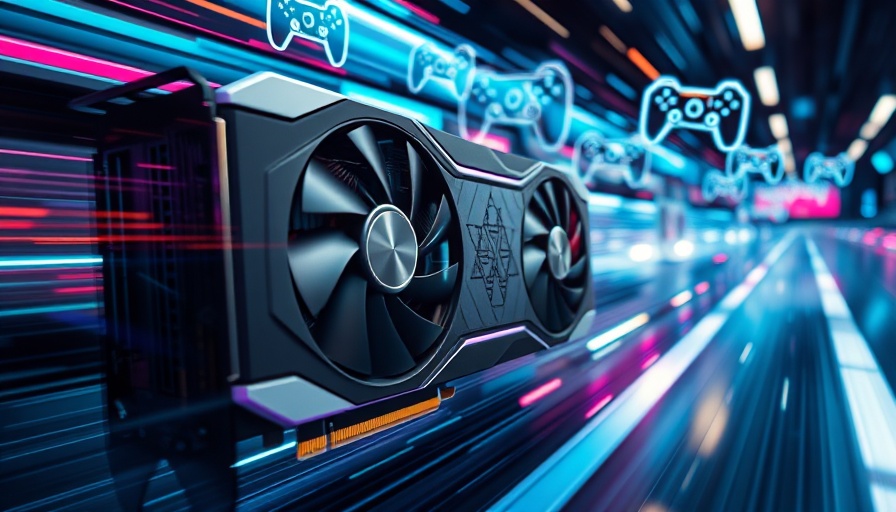 Action-packed graphics card surrounded by digital controllers.
