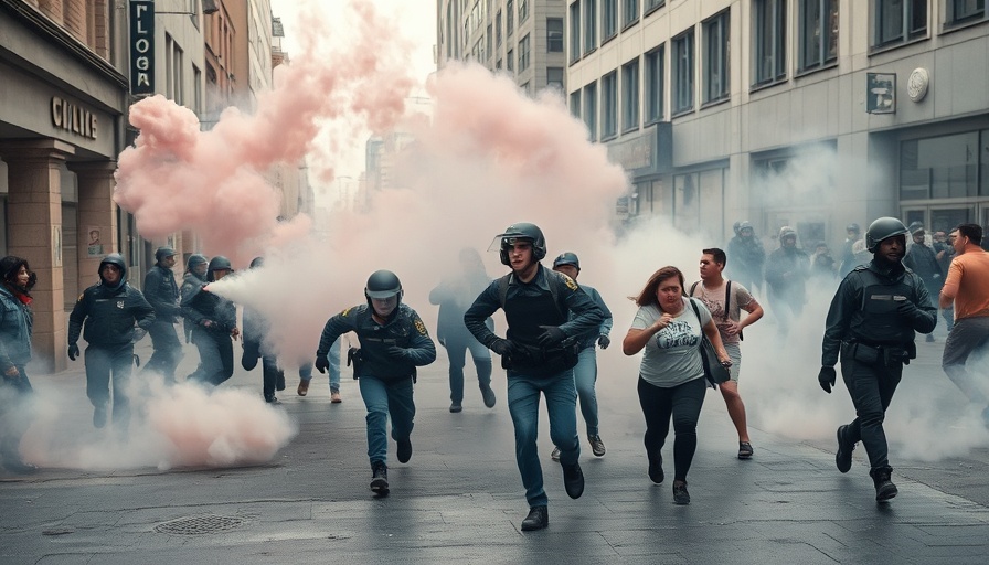 Marines deployed to Los Angeles urban street protest with tear gas and barricades.