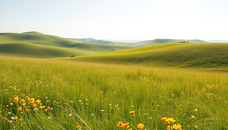 Peaceful meadow landscape with wildflowers and clear sky.