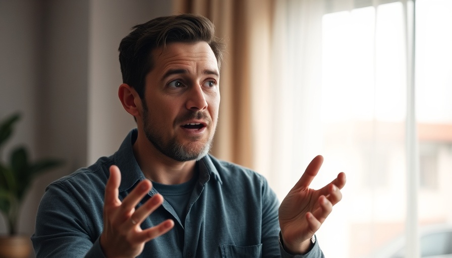 Expressive man speaking passionately indoors, conveying emotions.