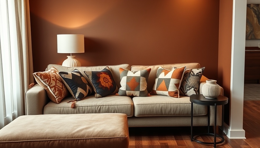 Cozy modern living room setting with pillows and lamp.