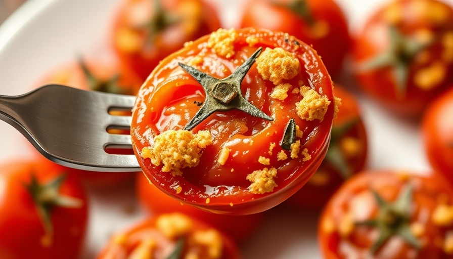 Delicious vine-roasted tomatoes with breadcrumb crust on a fork.