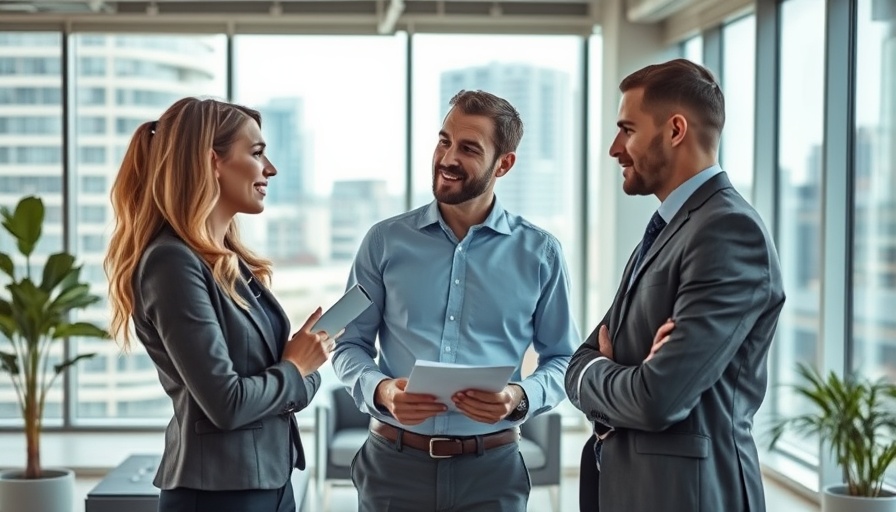 Real estate agent discussing sensitive topics in modern office environment.