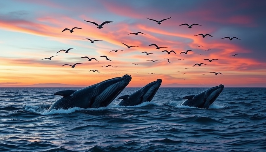 Majestic scene of humpback whales feeding with seagulls, ocean setting.