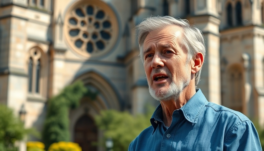 Older man discussing '5 Things Keeping You Poor' outside cathedral.