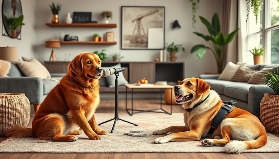 Podcasting dogs discussing Moving Home with Pets Tips in cozy setting.