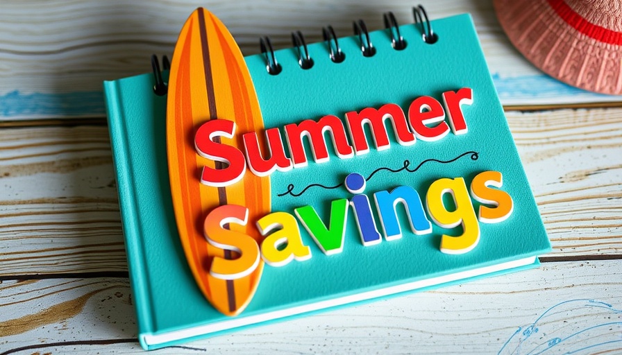 Summer Savings Budgeting Strategies theme with teal notebook and beach elements.