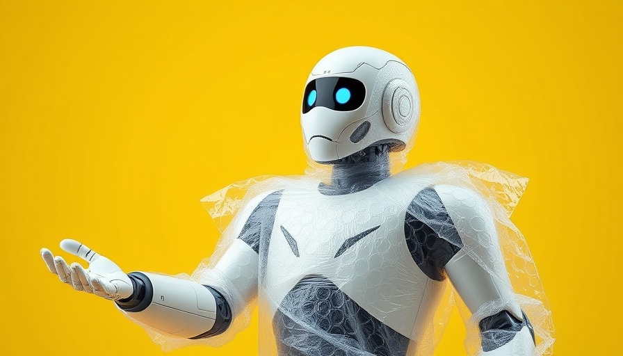 Humanoid robot wrapped in bubble wrap for safety, yellow background.