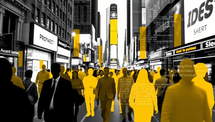 Crowd with abstract data overlay representing Welfare AI for Small Businesses.