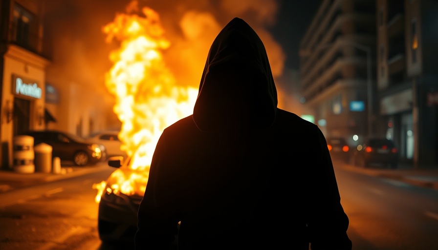 Anti-Migrant Riots in Northern Ireland, silhouette of figure by burning car.