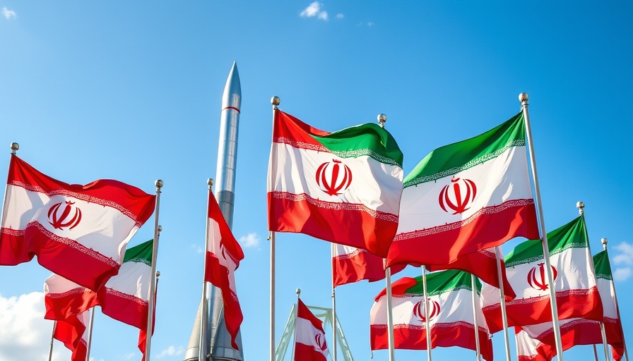 Iranian flags and missile illustrating Iran nuclear ambitions.