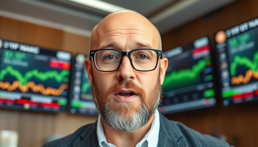 Bald man discussing crypto trends with financial news background.