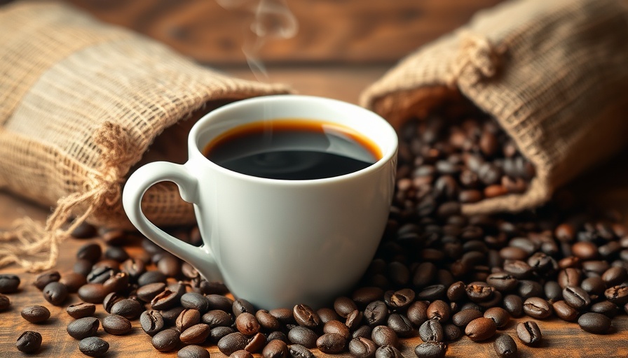 Coffee cup with beans on wooden table; free coffee grounds for gardening.