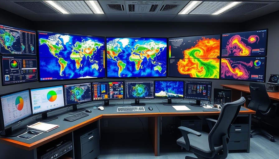 Three monitors show dynamic weather maps in office, fitting 'Firing NOAA Climate Team' theme.