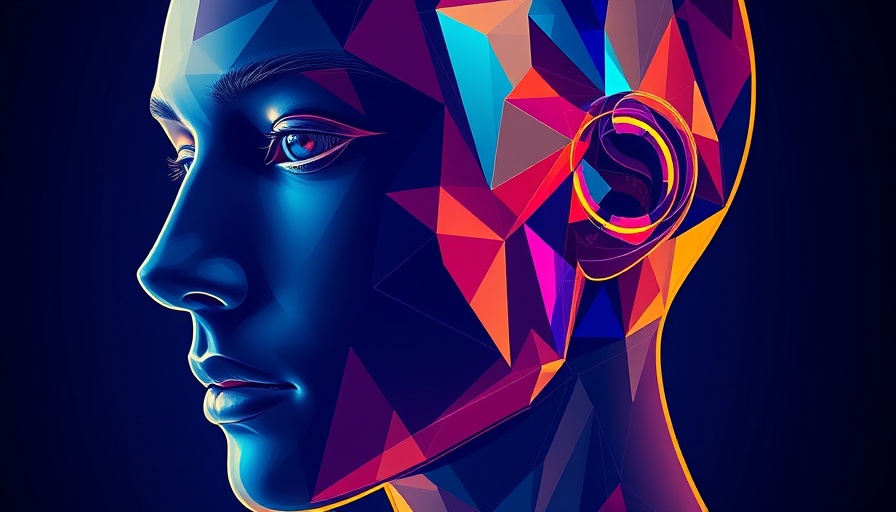 Futuristic abstract face with geometric layers on deep blue background.