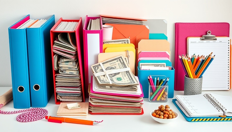 Cash stuffing station with binders and decorative items for family budgeting.