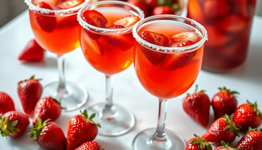 Vibrant strawberry sangria with fresh strawberries and sugar rim.