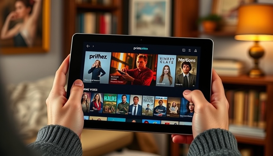 Person holding tablet with Prime Video ads, cozy interior scene.