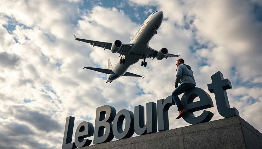Airplane flying over Le Bourget sign under cloudy sky.