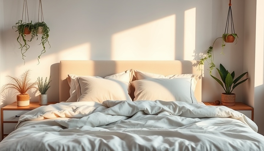 Elegant modern bedroom with plush white bedding and hanging plants.