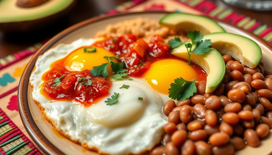 Huevos Rancheros breakfast with salsa, avocado, and beans.
