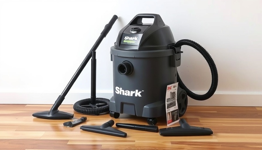 Shark Wet and Dry Vac with accessories on wooden floor.