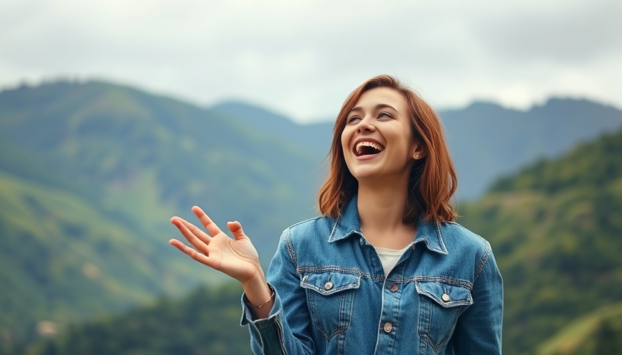 Smiling woman in denim jacket discussing Colombian premium coffee consumption.