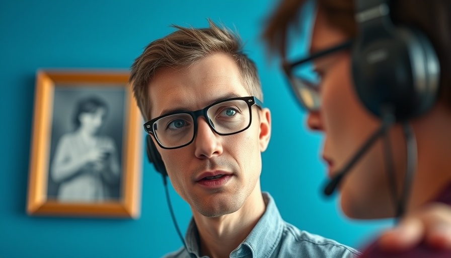 Person discussing case study on video call, blue background.
