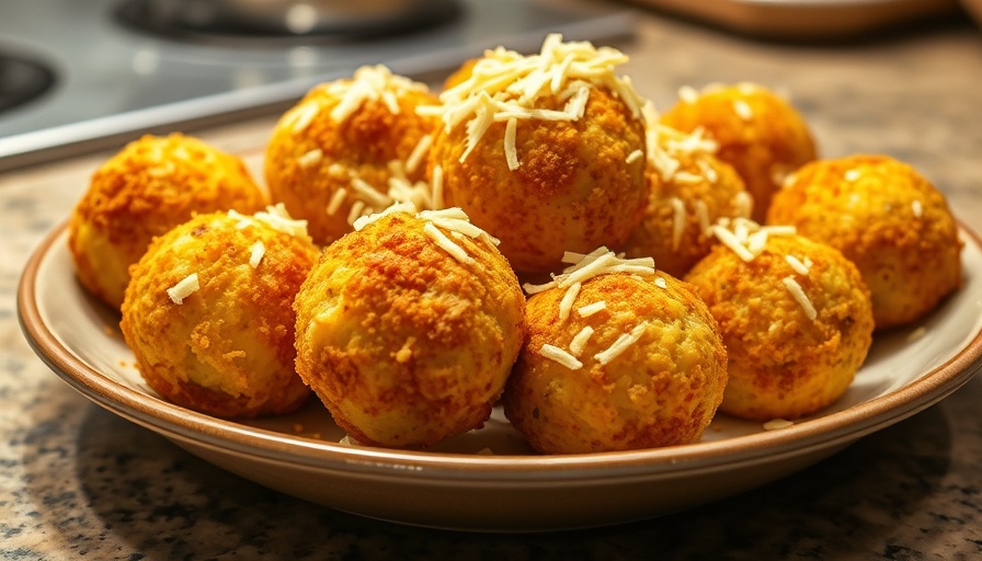 Golden crispy potato cheese balls on a plate with shredded cheese.
