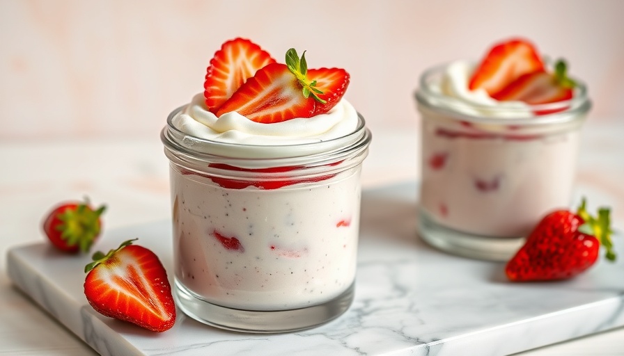 Delicious strawberry mousse in glass jars with fresh strawberries.