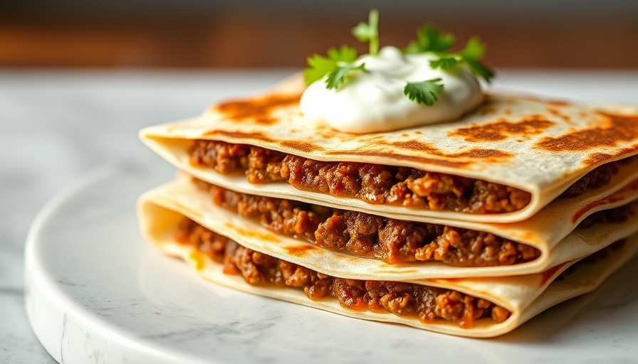 Stacked ground beef quesadillas with sour cream and cilantro on white background.