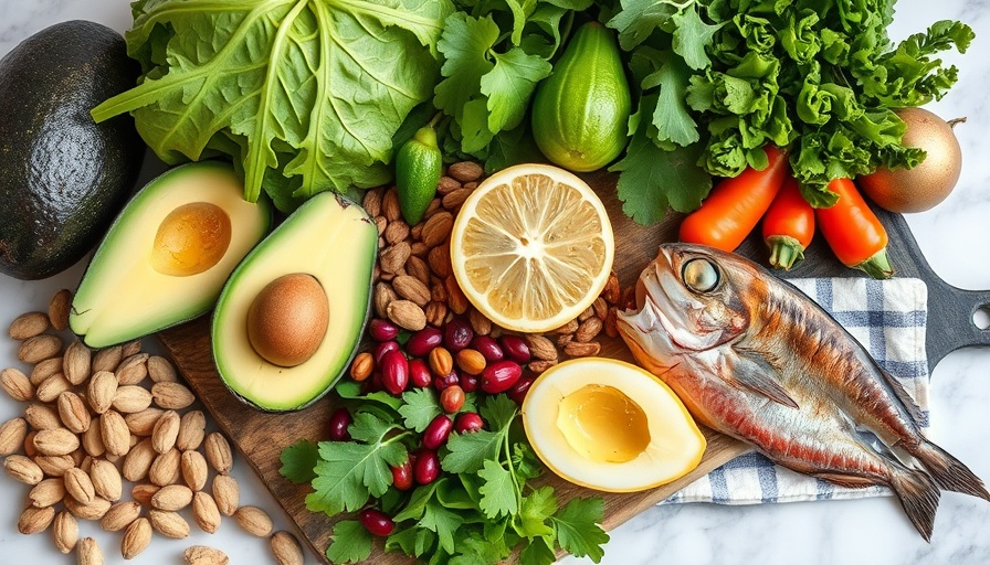 MIND diet foods for reducing dementia risk, including avocado and seafood.