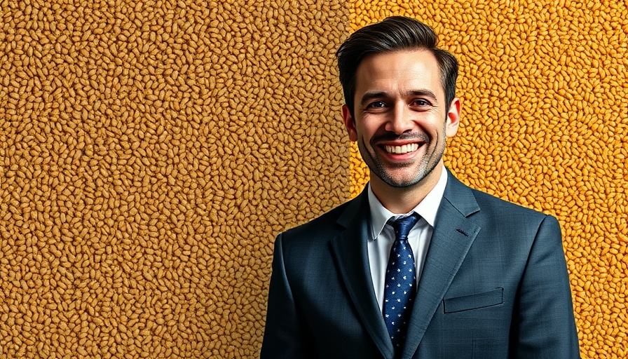 Golden vs Brown Flaxseed Benefits with smiling man in suit and text overlay.