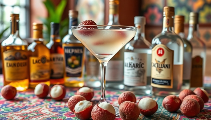 Lychee Martini cocktail surrounded by bottles and decor.