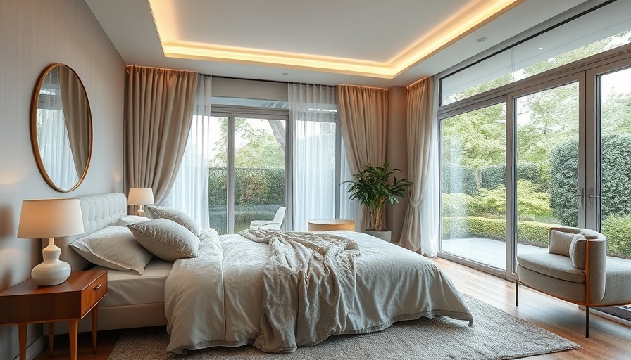 Cozy bedroom with elegant decor and large windows, illustrating the impact of sleeping with a fan on allergies.