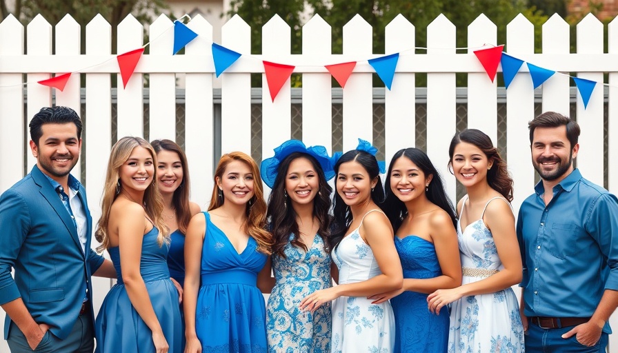 Cheerful group in blue and white posing at festive event.