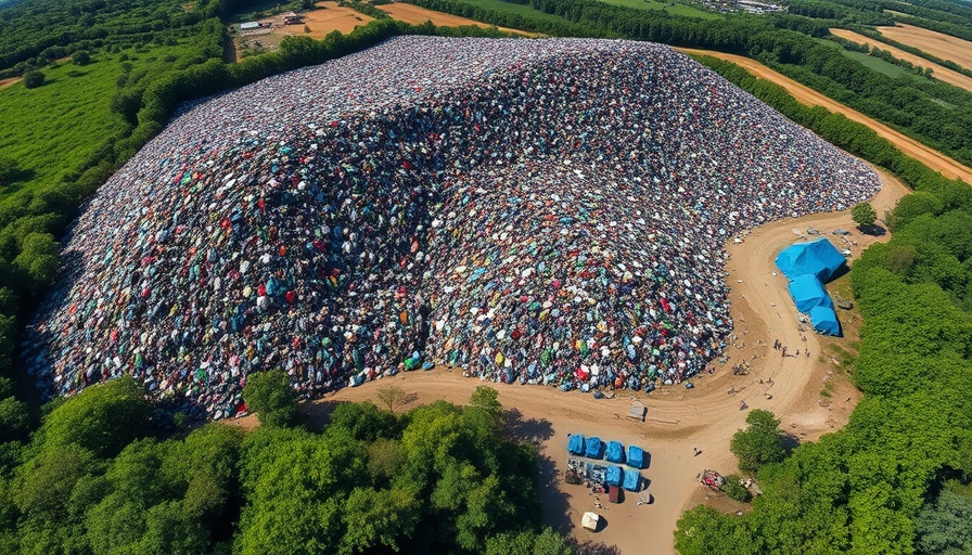 Aerial view of discarded clothing piles in a landfill surrounded by lush greenery.