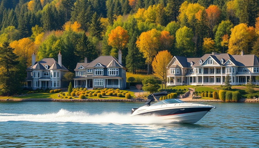 Luxurious homes and speedboat on lake, symbolizing new millionaires in the US.
